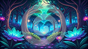 Bio-luminescent Jungle - Glowing Jungle, Bioluminescent Wildlife, Fantasy Nature, Digital Art, VR, AR, Nature Design, Gaming Art, photo