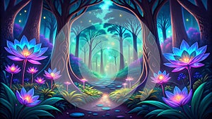 Bio-luminescent Jungle - Glowing Jungle, Bioluminescent Wildlife, Fantasy Nature, Digital Art, VR, AR, Nature Design, Gaming Art, photo