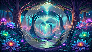 Bio-luminescent Jungle - Glowing Jungle, Bioluminescent Wildlife, Fantasy Nature, Digital Art, VR, AR, Nature Design, Gaming Art, photo