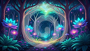 Bio-luminescent Jungle - Glowing Jungle, Bioluminescent Wildlife, Fantasy Nature, Digital Art, VR, AR, Nature Design, Gaming Art, photo