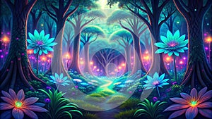 Bio-luminescent Jungle - Glowing Jungle, Bioluminescent Wildlife, Fantasy Nature, Digital Art, VR, AR, Nature Design, Gaming Art, photo