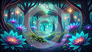 Bio-luminescent Jungle - Glowing Jungle, Bioluminescent Wildlife, Fantasy Nature, Digital Art, VR, AR, Nature Design, Gaming Art, photo