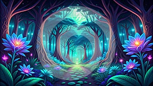 Bio-luminescent Jungle - Glowing Jungle, Bioluminescent Wildlife, Fantasy Nature, Digital Art, VR, AR, Nature Design, Gaming Art, photo