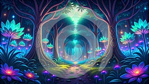 Bio-luminescent Jungle - Glowing Jungle, Bioluminescent Wildlife, Fantasy Nature, Digital Art, VR, AR, Nature Design, Gaming Art, photo