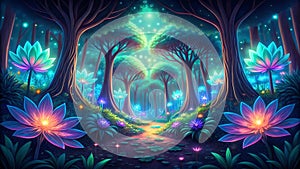 Bio-luminescent Jungle - Glowing Jungle, Bioluminescent Wildlife, Fantasy Nature, Digital Art, VR, AR, Nature Design, Gaming Art, photo