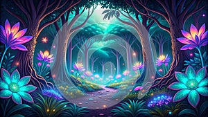 Bio-luminescent Jungle - Glowing Jungle, Bioluminescent Wildlife, Fantasy Nature, Digital Art, VR, AR, Nature Design, Gaming Art, photo