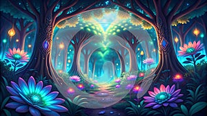 Bio-luminescent Jungle - Glowing Jungle, Bioluminescent Wildlife, Fantasy Nature, Digital Art, VR, AR, Nature Design, Gaming Art, photo