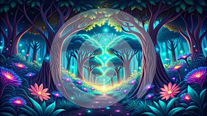 Bio-luminescent Jungle - Glowing Jungle, Bioluminescent Wildlife, Fantasy Nature, Digital Art, VR, AR, Nature Design, Gaming Art, photo