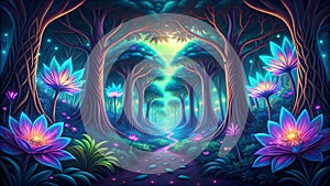 Bio-luminescent Jungle - Glowing Jungle, Bioluminescent Wildlife, Fantasy Nature, Digital Art, VR, AR, Nature Design, Gaming Art, photo