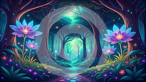 Bio-luminescent Jungle - Glowing Jungle, Bioluminescent Wildlife, Fantasy Nature, Digital Art, VR, AR, Nature Design, Gaming Art, photo