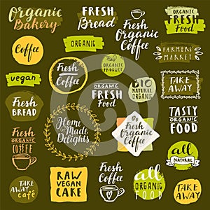 Bio organic labels set. Fresh Bread Bakery. Fresh coffee emblems. Food and drinks for healthy life on quarantine. Fresh organic