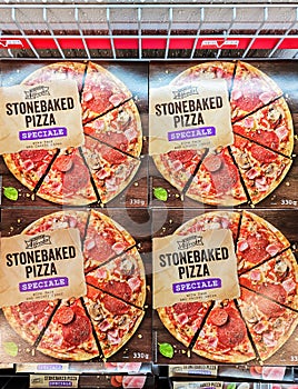 BIO Organic vegetable stonebaked pizza Alfredo in the freezer section of a Lidl store