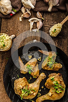 Bio roast chicken with herbs and garlic, couscous