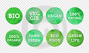 Bio, veggie, farm fresh, vegan, 100 organic and local food product label icon set.