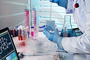 Biochemical engineer working with microplate in a laboratory exp