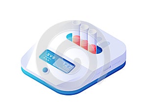 Biochemical thermostat analyzer isometric vector. White electronic microbiological device with blue panel.