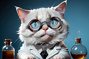 Biochemist cat in uniform with flasks