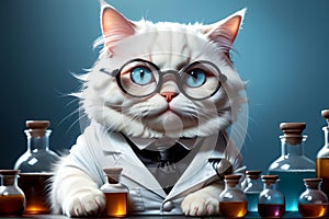 Biochemist cat in uniform with flasks
