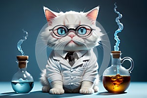 Biochemist cat in uniform with flasks