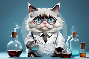 Biochemist cat in uniform with flasks