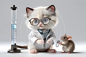 Biochemist cat in uniform with flasks photo