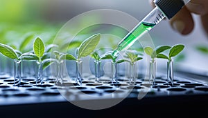 Biochemist Scientist Using Green Liquid With Micropipette To Observe Genetic Mutations And Analyze photo