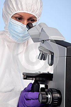 Biochemist using a stereo microscope photo