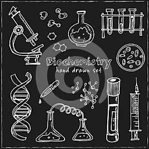 Biochemistry. Hand drawn doodle set. Sketches. Vector illustration for design and packages product.