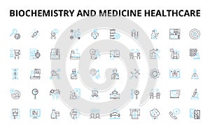 Biochemistry and medicine healthcare linear icons set. Enzymes, Proteins, Metabolism, Carbohydrates, Lipids, Genetics photo