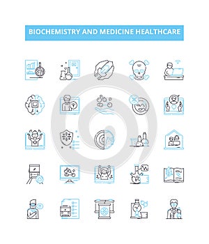 Biochemistry and medicine healthcare vector line icons set. Biochemistry, Metabolism, Enzymes, Hormones, Proteins, Genes