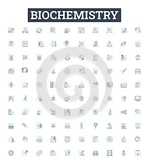 Biochemistry vector line icons set. biochemistry, metabolism, proteins, DNA, enzymes, amino acids, carbohydrates