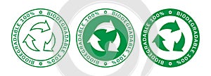 Biodegradable on 100% label stamps icon set