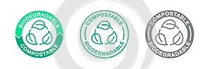 Biodegradable compostable icons, bio recyclable and degradable package stamps, vector recycle leaf symbols. Eco and bio degradable photo