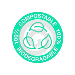 Biodegradable, compostable recyclable icon, bio plastic free pack vector green leaf label. Bio degradable and eco safe, organic