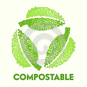 Biodegradable Compostable Recyclable Plastic Package Icon in Shape of Circulate Green Leaves with Doodle Drawing Bio photo