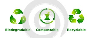 Biodegradable, compostable, recyclable sign set. Three green icons on white background with gradient. photo