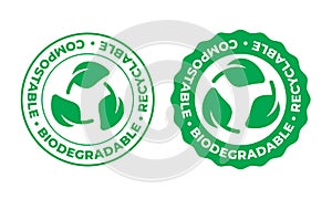 Biodegradable, compostable recyclable vector icon. Bio recyclable eco friendly package green leaf stamp logo