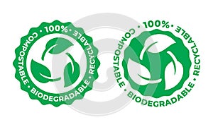 Biodegradable and compostable recyclable vector icon. 100 percent bio recyclable package green leaf photo