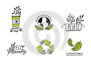 Biodegradable and compostable sign. Reduce, reuse and recycle concept badges for eco friendly packaging. Set of green