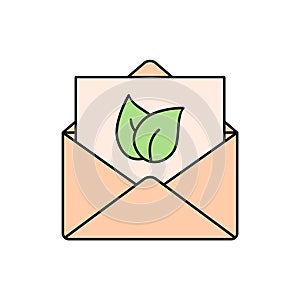Biodegradable envelope with a green leaf. Recycled envelope line icon.