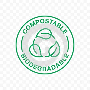 Biodegradable icon or compostable eco plastic, vector leaf label. Bio degradable stamp, green recycle circle symbol, for eco