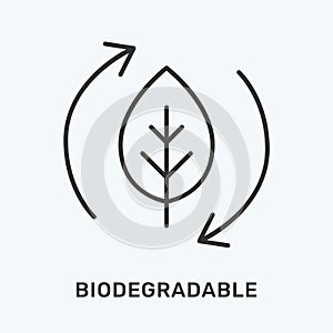 Biodegradable line icon. Vector illustration of leaf and arrows. Black outline pictogram for ecology sign