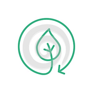 Biodegradable packaging line icon. Green leaf in recycle circle.