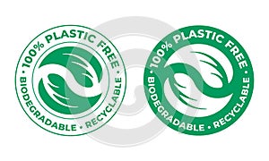 Biodegradable, plastic free recyclable vector icon. 100 percent bio recyclable package green logo