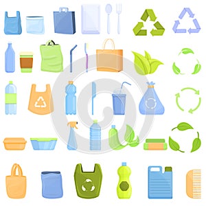 Biodegradable plastic icons set, cartoon style