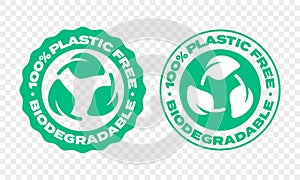 Biodegradable plastic package label. Vector compostable and bio recyclable eco friendly green leaf logo