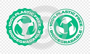 Biodegradable plastic package label. Vector compostable and bio recyclable eco friendly green leaf logo photo