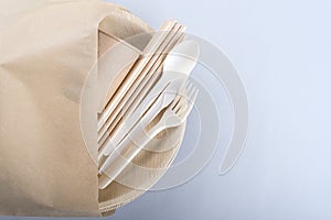 Biodegradable plate, fork, spoon, knife, cup and straws in brown kraft bag with copy space