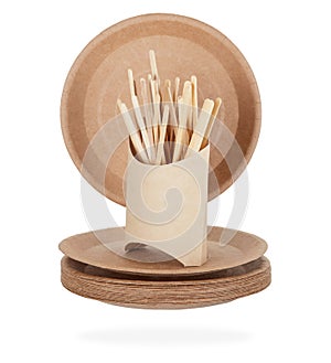 Biodegradable plates, envelopes for French fries and sticks for stirring sugar in hot drinks. Disposable eco tableware