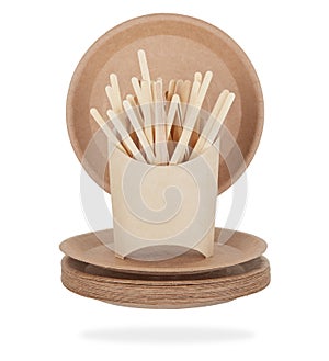 Biodegradable plates, envelopes for French fries and sticks for stirring sugar in hot drinks. Disposable eco tableware